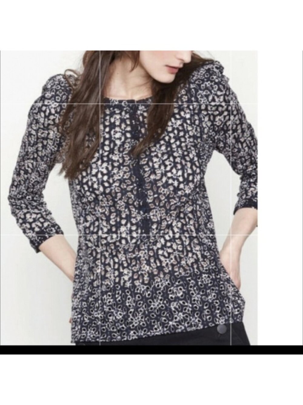 Maje Luigy cotton navy blue longsleeves eyelet front button blouse, size 2